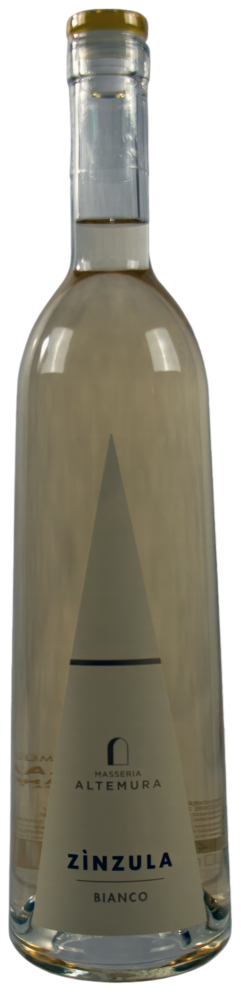 Flasche mit weißem Wein, schlank, transparent, mit einem eleganten Etikett und goldener Kappe.