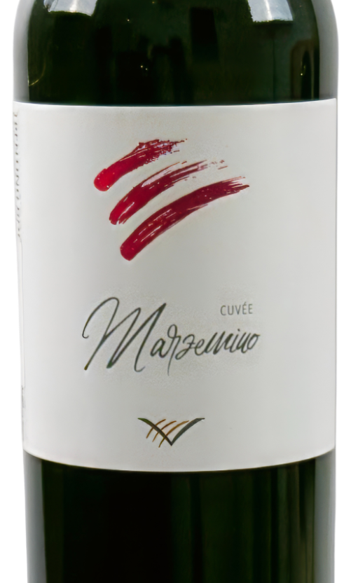 Marzemino Trentino DOC Casa Vinicola Vivallis Marzemino Trentino DOC 2023 in dunkelgrüner Flasche mit schwarzer Kapsel und weißem Etikett mit roten Pinselstrichen.