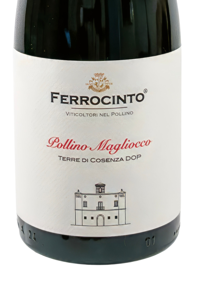 Magliocco Pollino Terre di Cosenza DOP Ferrocinto Pollino Magliocco Terre di Cosenza DOP in dunkelgrüner Flasche mit schwarzer Kapsel und weißem Etikett.