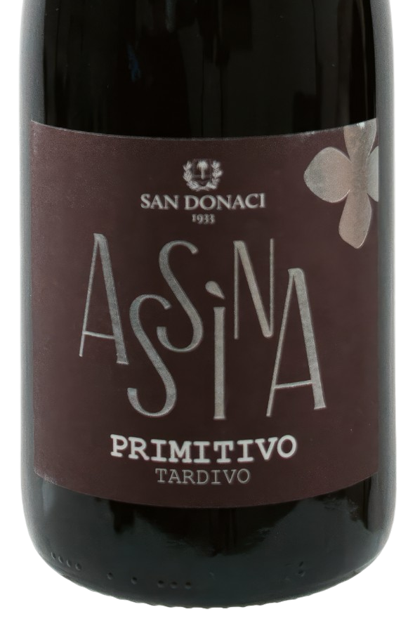"Assina" Primitivo Tardivo Puglia IGP San Donaci Assìna Primitivo Tardivo in dunkelgrüner Flasche mit schwarzer Kapsel und dunkelbraunem Etikett.