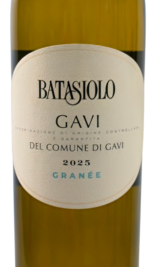 "Granèe" Gavi del Comune di Gavi DOCG Batasiolo Gavi del Comune di Gavi DOCG Granée 2025 in olivgrüner Flasche mit türkisfarbener Kapsel.