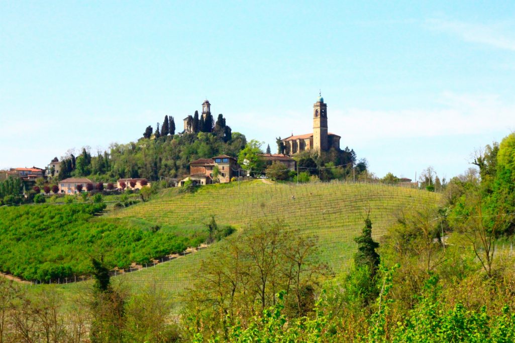 Kirche und historische Gebäude auf einem Hügel, umgeben von Weinbergen und grüner Landschaft.