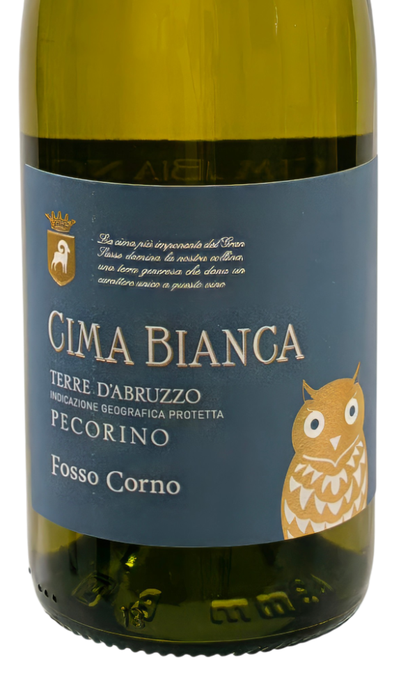 "Cima Bianca" Terre d’Abruzzo IGT Fosso Corno Cima Bianca Terre d'Abruzzo IGP Pecorino in olivgrüner Flasche mit weißer Kapsel und blauem Etikett.